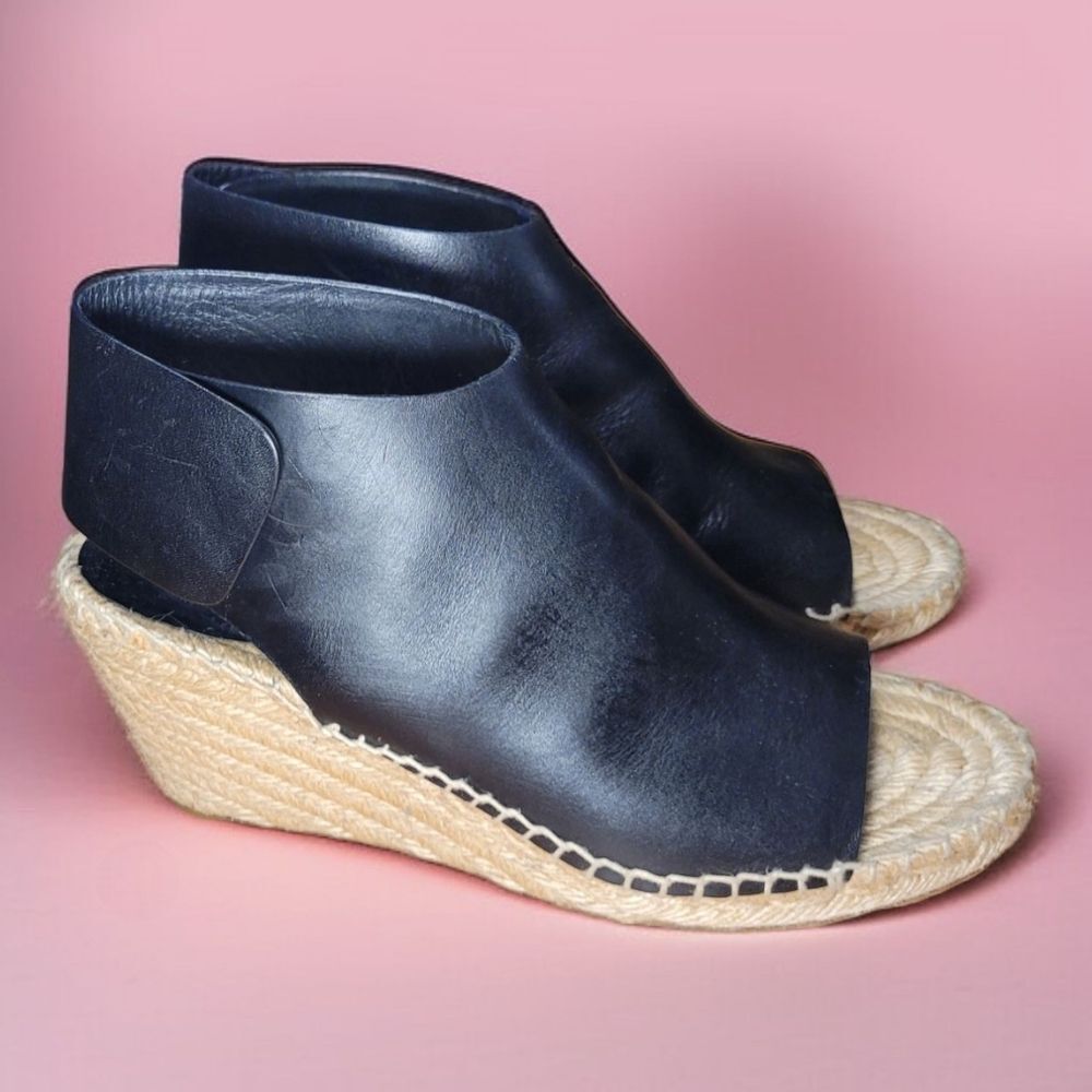 Celine Paris French Girl Crosta Fossil Black Leather Espadrille Wedge Sandals - Picture 4 of 9